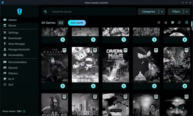 Heroic Games Launcher running on SteamOS with a game library visible