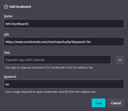Firefox bookmark settings to add the NN ShortSearch feature.